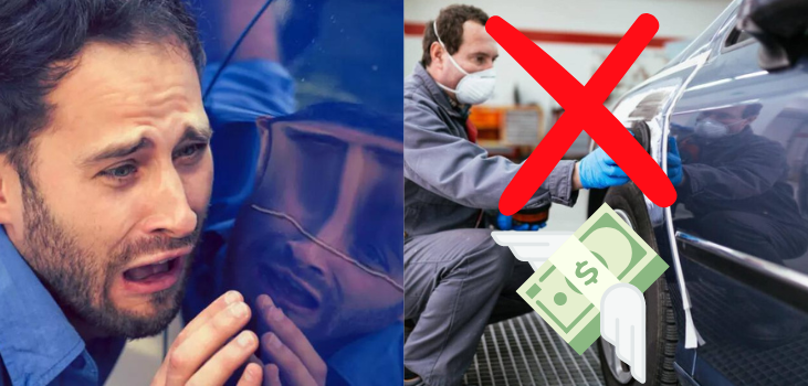 Collage of man frustrated by a scratch on cis car and a technician fixing the body of a car and money flying away